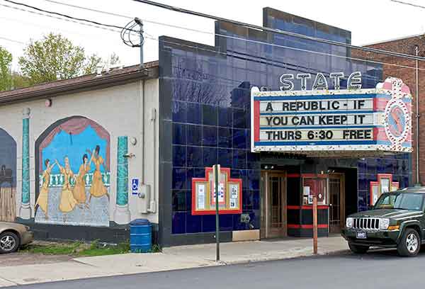 The State Theatre with a marquee that reads "A Republic If You Can Keep It" in Deposit, NY